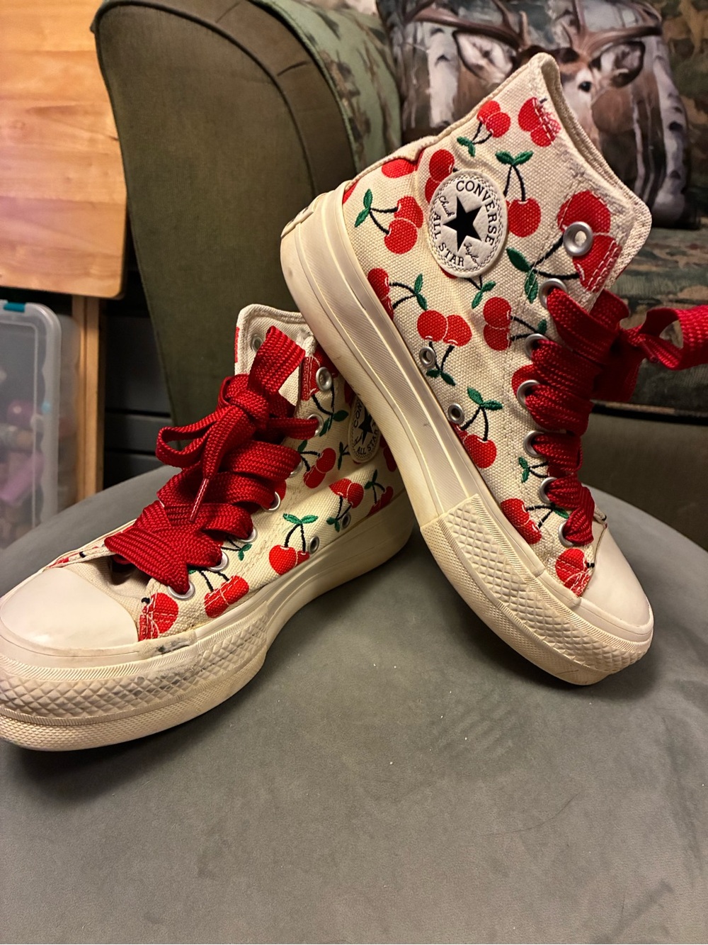 Chuck Taylor Converse Women's High-Top Cherry Print Sneakers in White and Red